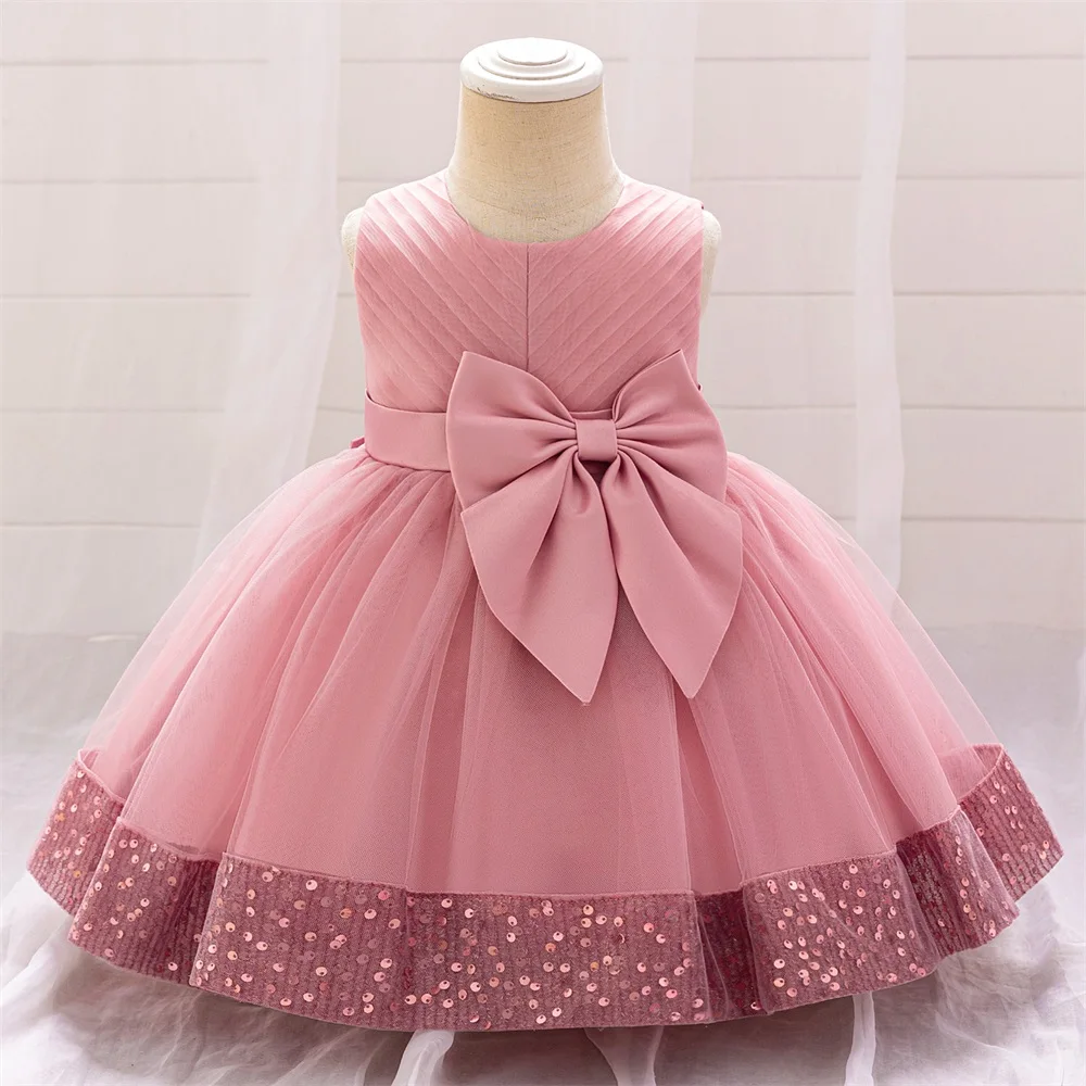 Cute Girls Pink Sequin Lace Dress Baby Girl Bow Birthday Baptism Tutu Dresses Kids Summer Holiday Formal Clothes Toddler Costume