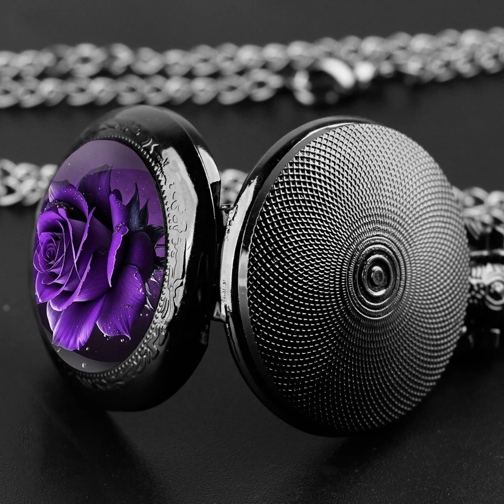 Delicate Gifts Quartz Pocket Watch Purple Rose Design Glass Dome Necklace Pendant Clock for Mens Womens