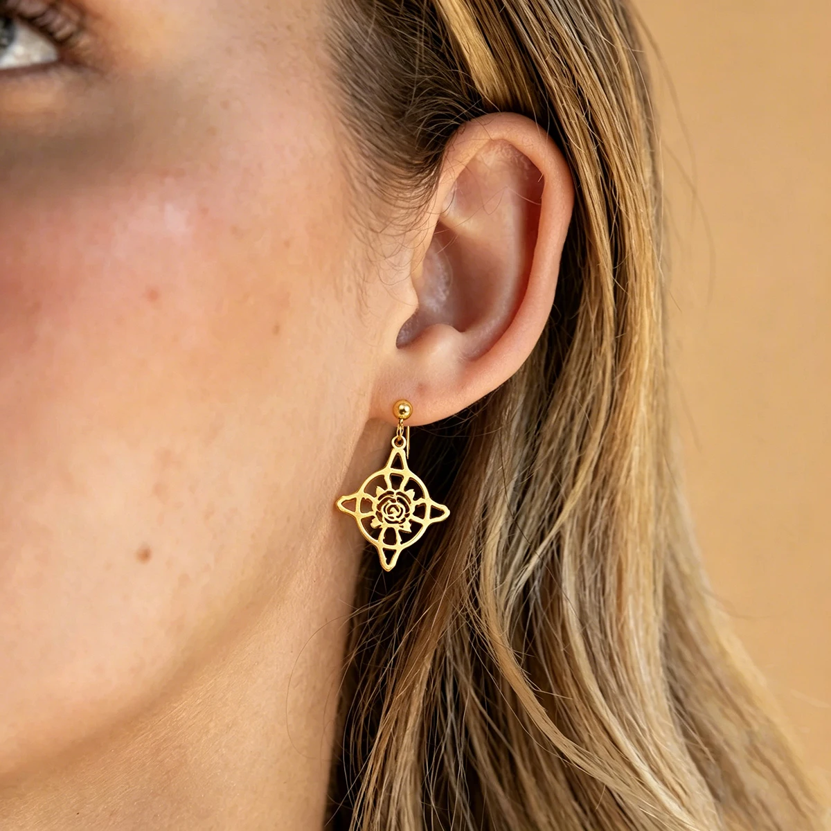Chandler Witchcraft Compass Rose Drop Earrings Stainless Steel Floral Symbol Dangle Earring Jewelry Gift for Girlfriend