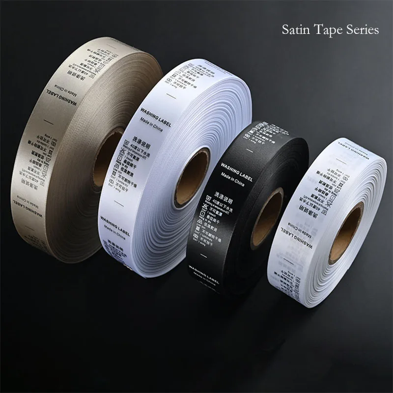 

Атласные этикетки для одежды с принтом на заказ, тканевые бирки для инструментов ухода за стиркой и черно-белым фоном для шитья одежды