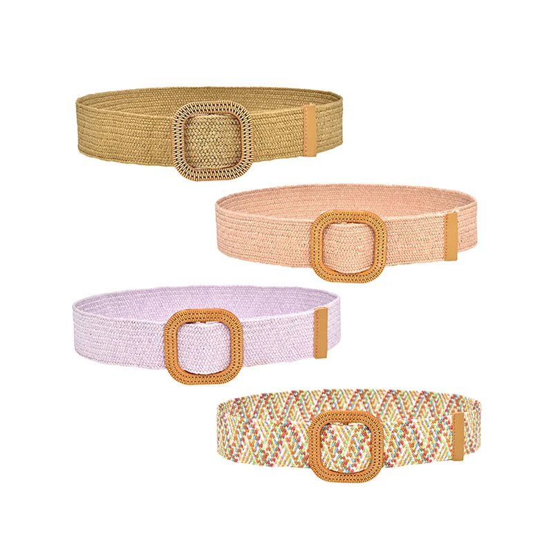 Brede riem Rekbare elastische raffia geweven houten gesp Damesriem Mode Creatieve accessoires