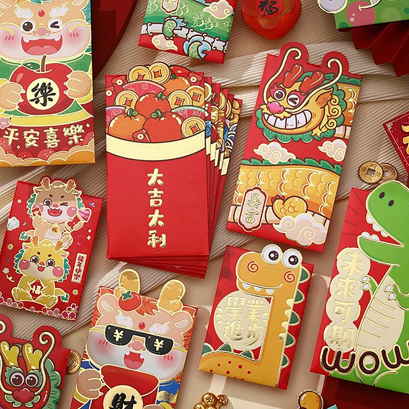 6 Stuks 2024 Chinese Drakenjaar Cartoon Lucky Rode Envelop Creatief Lentefestival Kids Cadeau Geld Enveloppen Rood Pakket