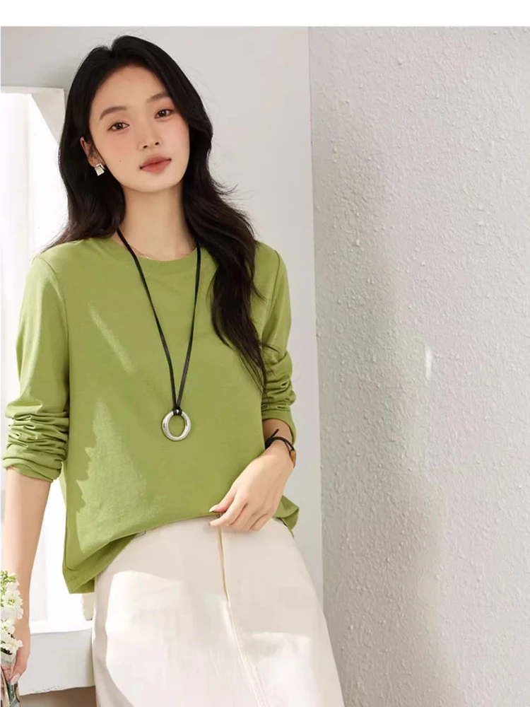 

VIMLY Solid Round Neck Lady Long Sleeve T-shirt Women's Autumn 2025 Bottoming Knitted Straight Female Tops Chemises Femmes A2103