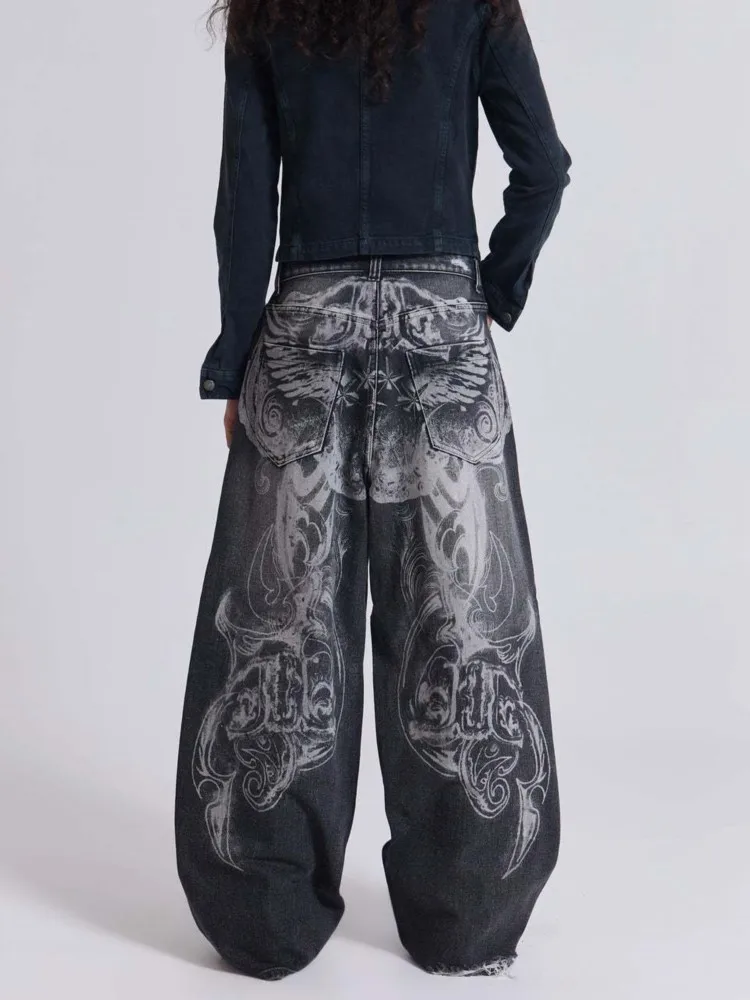 Hip-Hop Amerikanische Y2K Damen-Jeans High-Street Vintage Gothic Print Mode Lässige Unisex Weite Hosen Punk Arbeitshosen