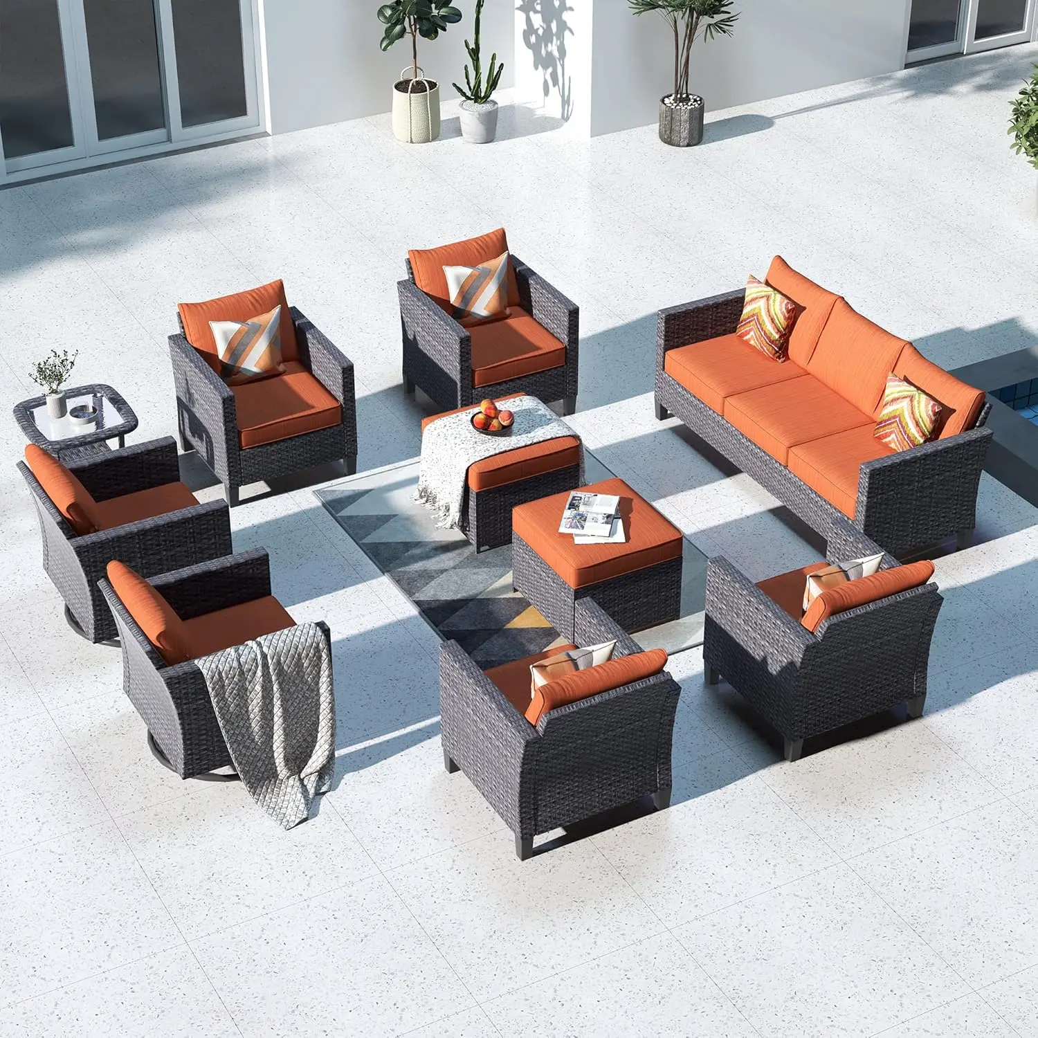 

Patio Furniture Set 10 Piece Outdoor Wicker Sofa with Swivel Rocking Chairs and Comfy Cushions High Back Rattan Couch