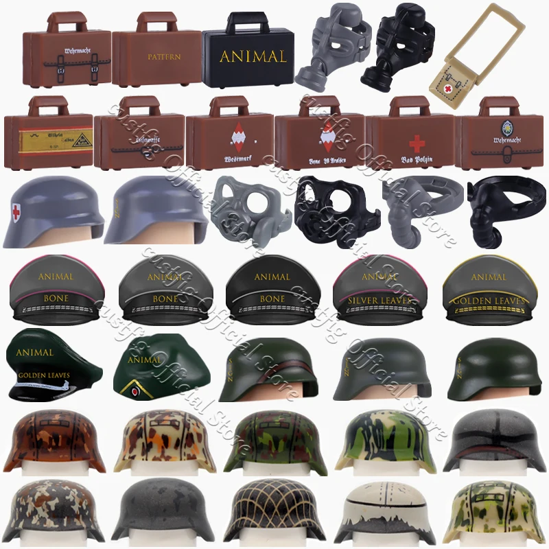 

WW2 военные аксессуары, строительные блоки, армейские солдаты, коробка для рук, противогаз спецназа, офицерская шляпа, камуфляжный шлем, кирпичи, игрушки