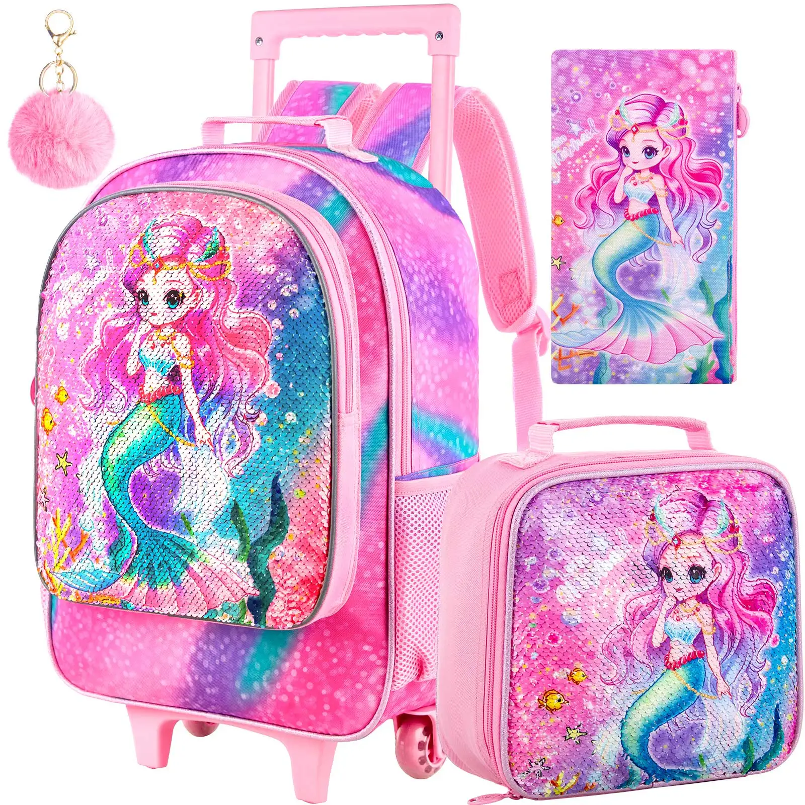 Rolling Backpack for Girls Boys, Kids Roller Wheels School Bookbag with Lunch Bag, Wheeled School Bag for Children