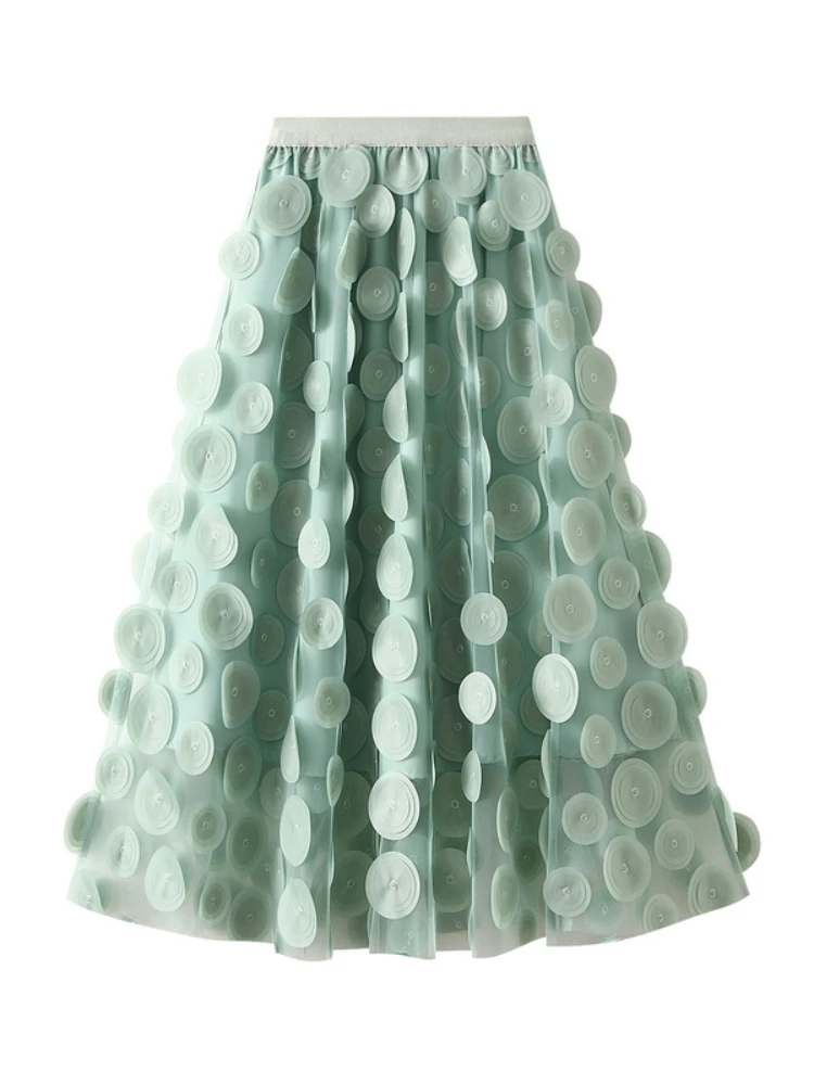 2024 New Y2K Vintage 3D Wave Dot Mesh Skirt Design Elastic Waist Solid Color Layers Fashion Party Clothing Female Elegant Skirts