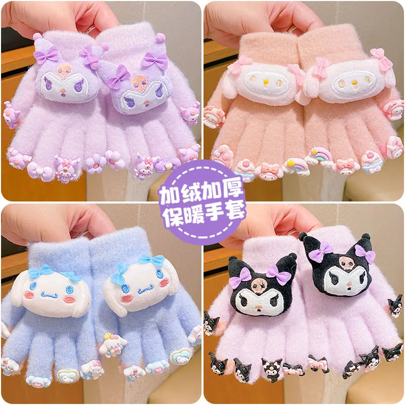 

Sanrio Hello Kitty Cinnamoroll Anime Kawaii Children Warm Gloves Winter Cute Kuromi Five Finger Velvet Protection Gifts for Kids