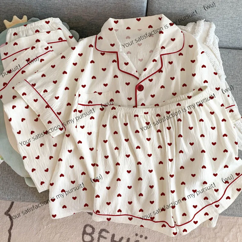 ZOCI-Damen-Sommerpyjama, dreiteiliges Set, lässiger Pyjama, kurzärmliges Revers, süßer Herzdruck, lockere Loungewear