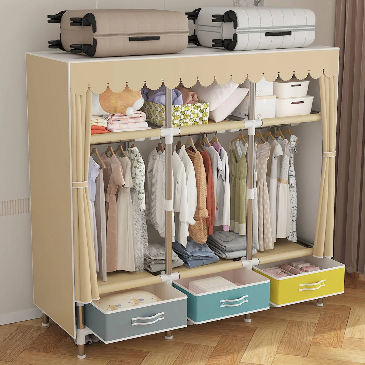 Clothes Storage Wardrobe with Dustproof Cover, Large Storage Closet with Steel Frame, Durable Rack, 1Pc