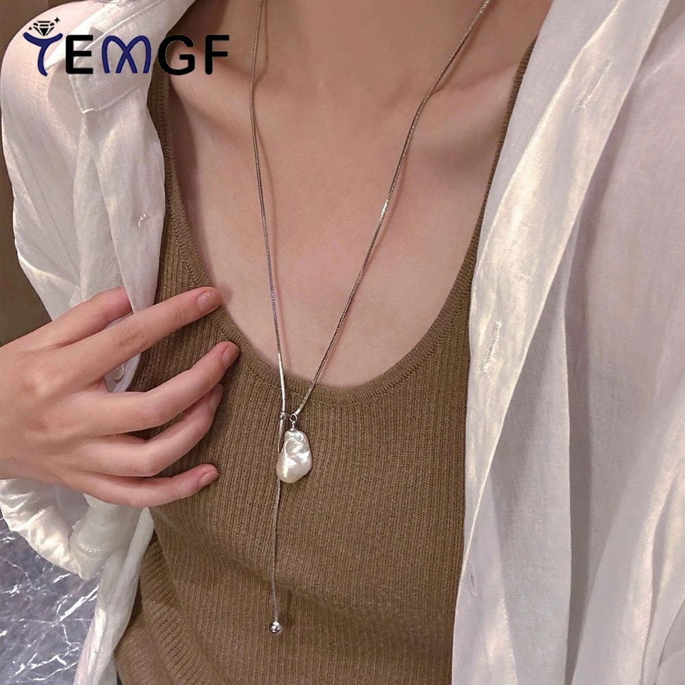

TEMGF 20mm Baroque Pearl Pendant Necklace 925 Silver Sweater Chain for Women 70cm Adjustable Winter Clothes Stacked Accessories