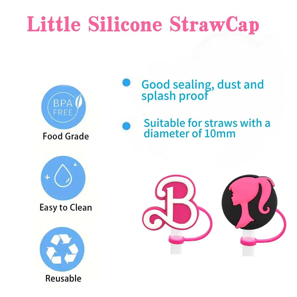 MINISO Barbie Doll Straw Cover Cap Cartoon 10MM Drink Straw Plug Reusable Splash Proof Drinking Fit Cup Straw Cap Charms Pendant