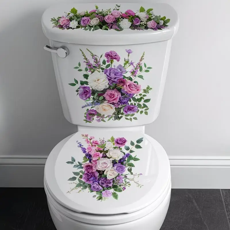 Floral Toilet Sticker Waterproof Removable Self-Adhesive Bathroom Toilet Lid Wall Decal for Kids Restroom Decor