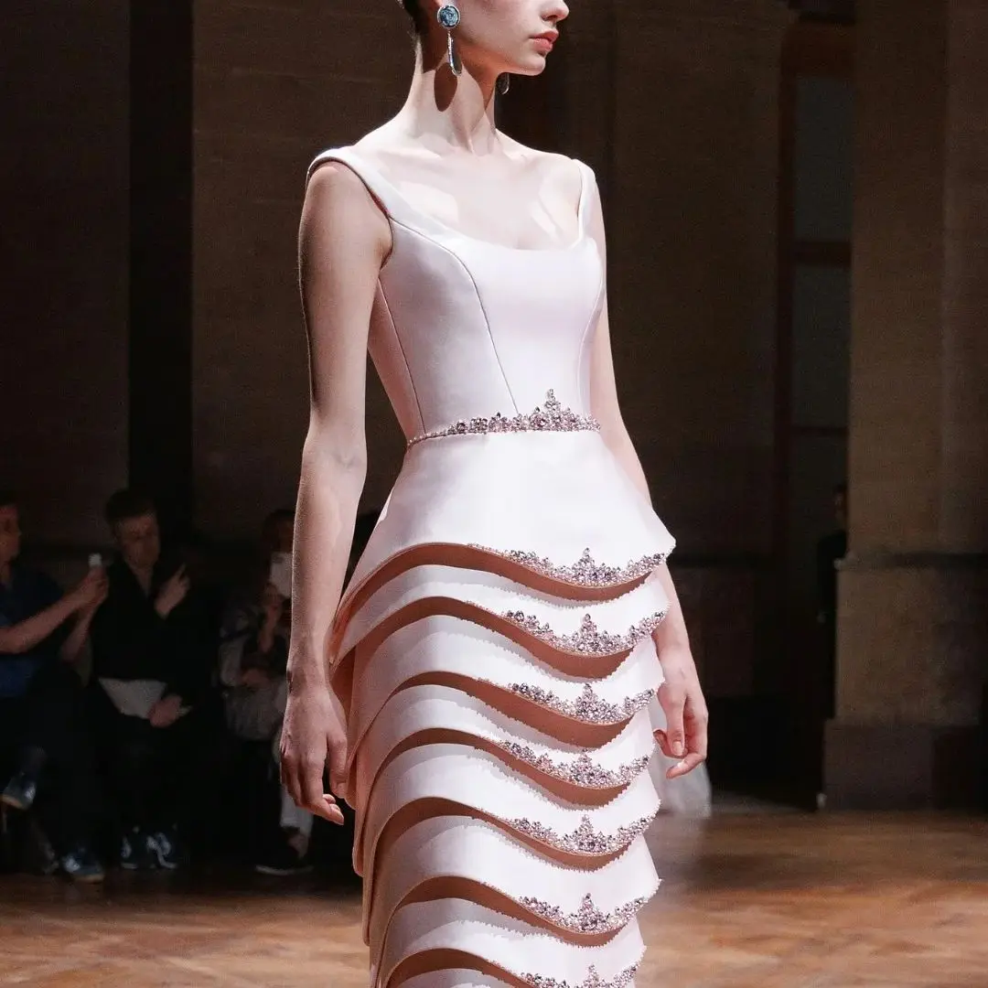 

Ofherown Baby Pink Satin Tiered Evening Dresses with Straps Luxury Crystal Beads Ankle Length Prom Gowns vestido de fiesta