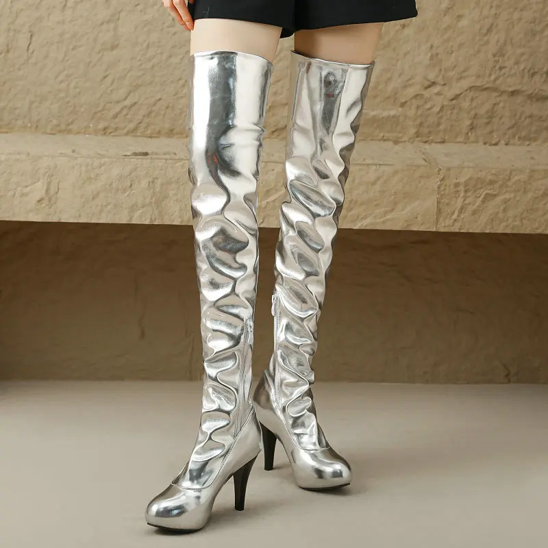 Size 32-44 Western Patent Leather Shiny Silver Gold Pleated Women Overknees Spike High Heels Hidden Platform Over-the-knee Boots