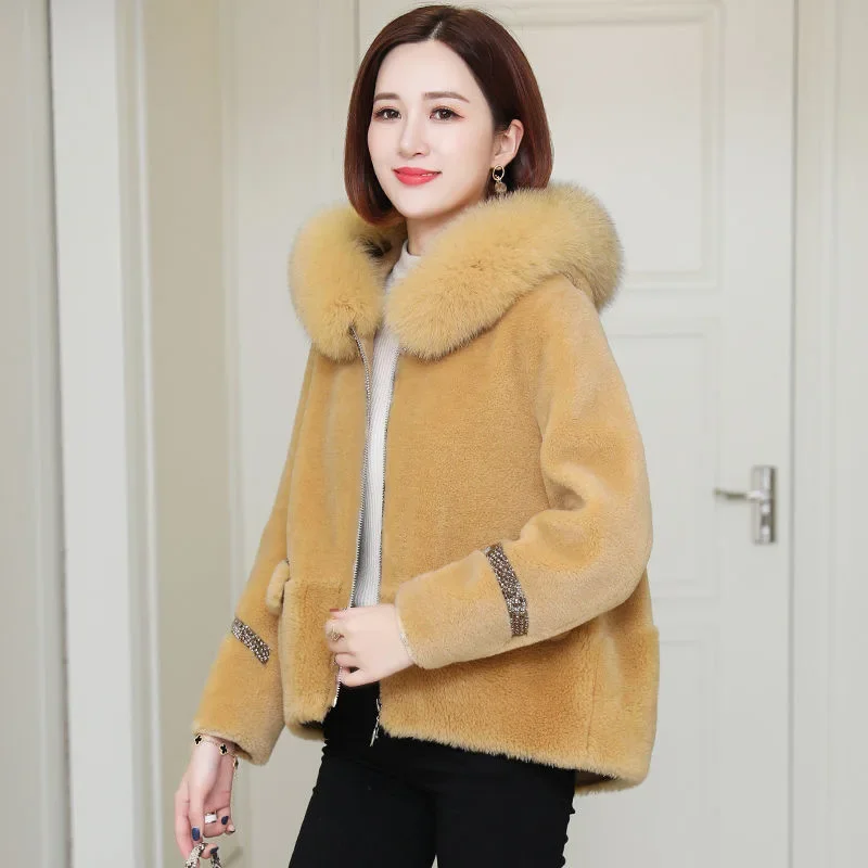 Tcyeek Sheep Shearing Coat Women Winter 100% Wool Coat Female Elegant Fox Fur Coat Warm Short Jacket Casacos De Inverno Feminino