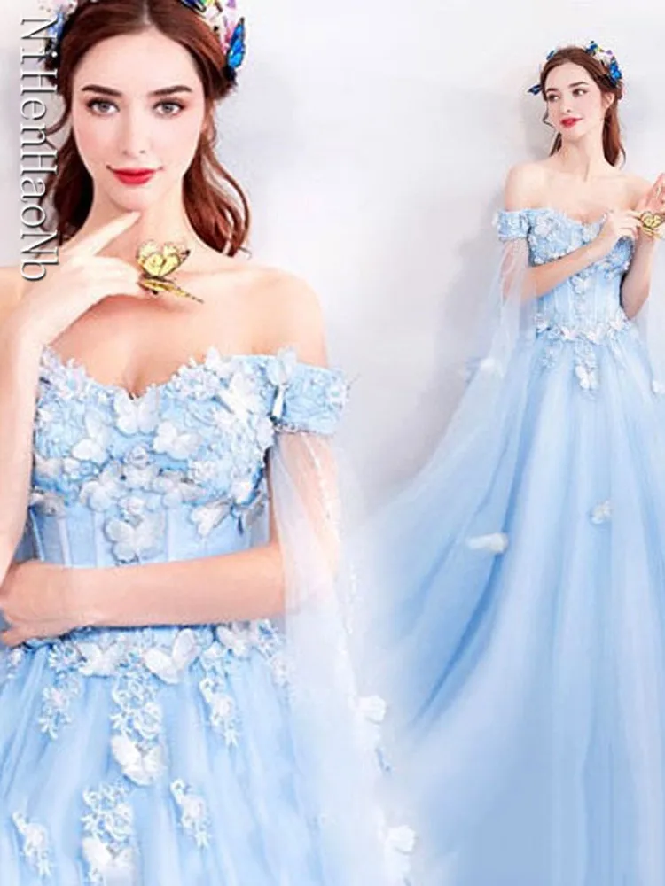 Blue Luxury Party Dress for Women Wedding Off Shoulder Bridal Evening Formal Quinceanera Dresses