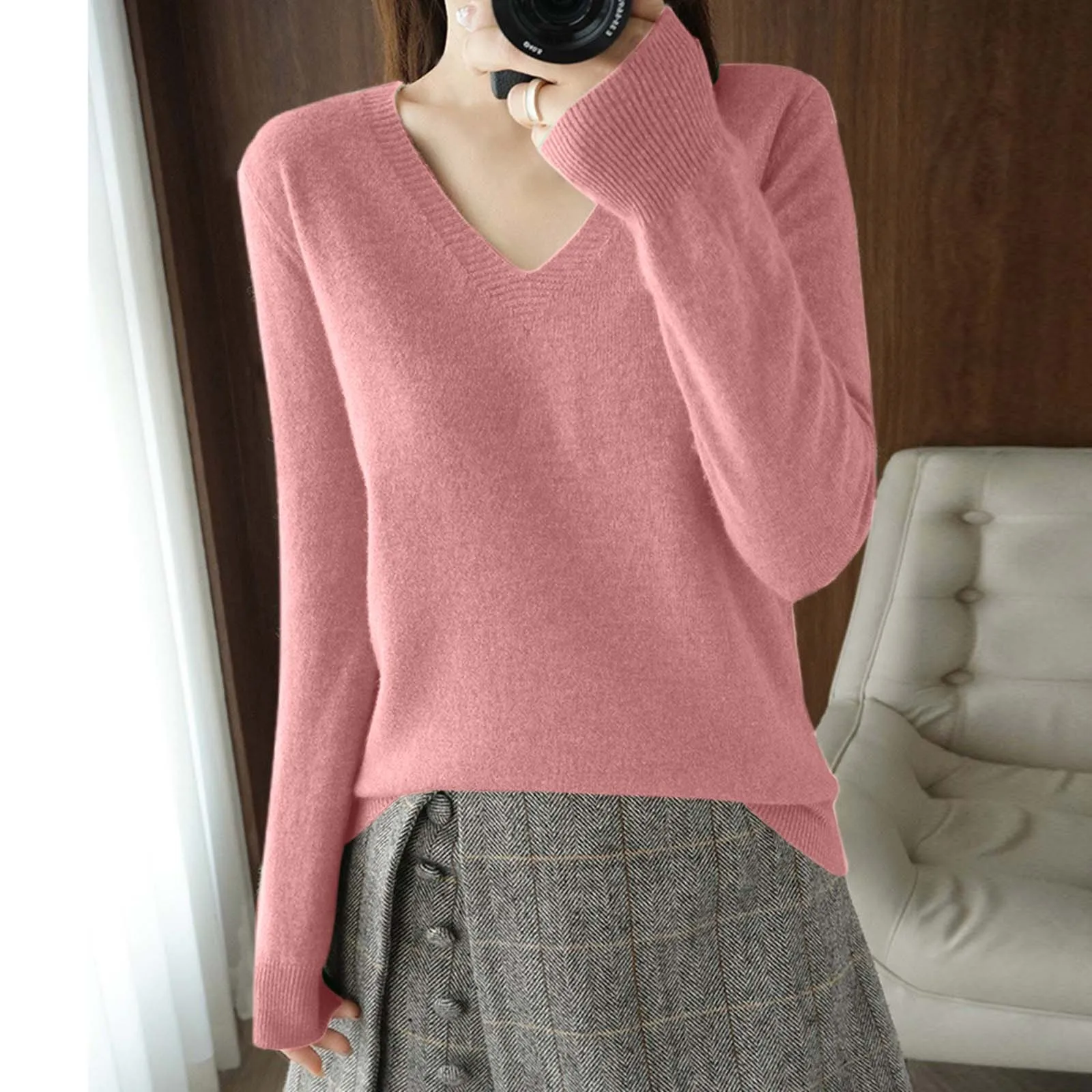 Women's Solid Color Sweaters Long Sleeve Knitted Sweater Wool Pullover Elegant Korean Fashion Top For Autumn Winter Clothing