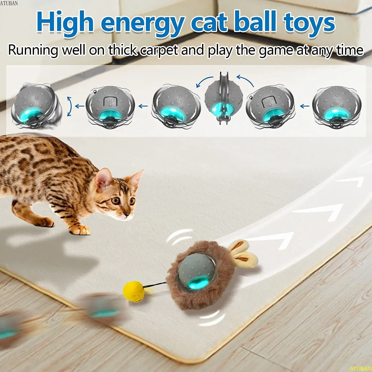 ATUBAN Rabbit Ear Cat Toy Ball Smart Interactive Cat Toys with Bird Sound Light Motion Activate Rolling Ball Electric Cats Toy