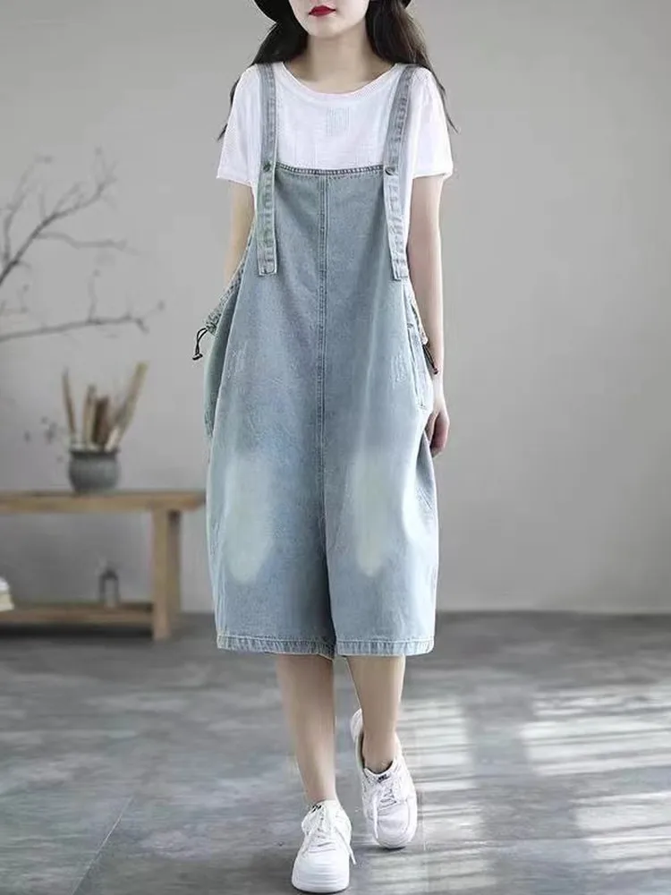 

Korean Sle Versatile plus Size Denim Overalls Women's Summer 2025 New plus Size Slimming Casual Five-Quarter Bodysuits
