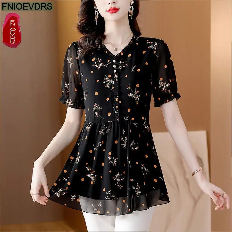 M-4XL 2023 Loose Clothes Women French Design Elegant Office Lady Black Chiffon Shirt Retro Flower Print Peplum Tops Blouses