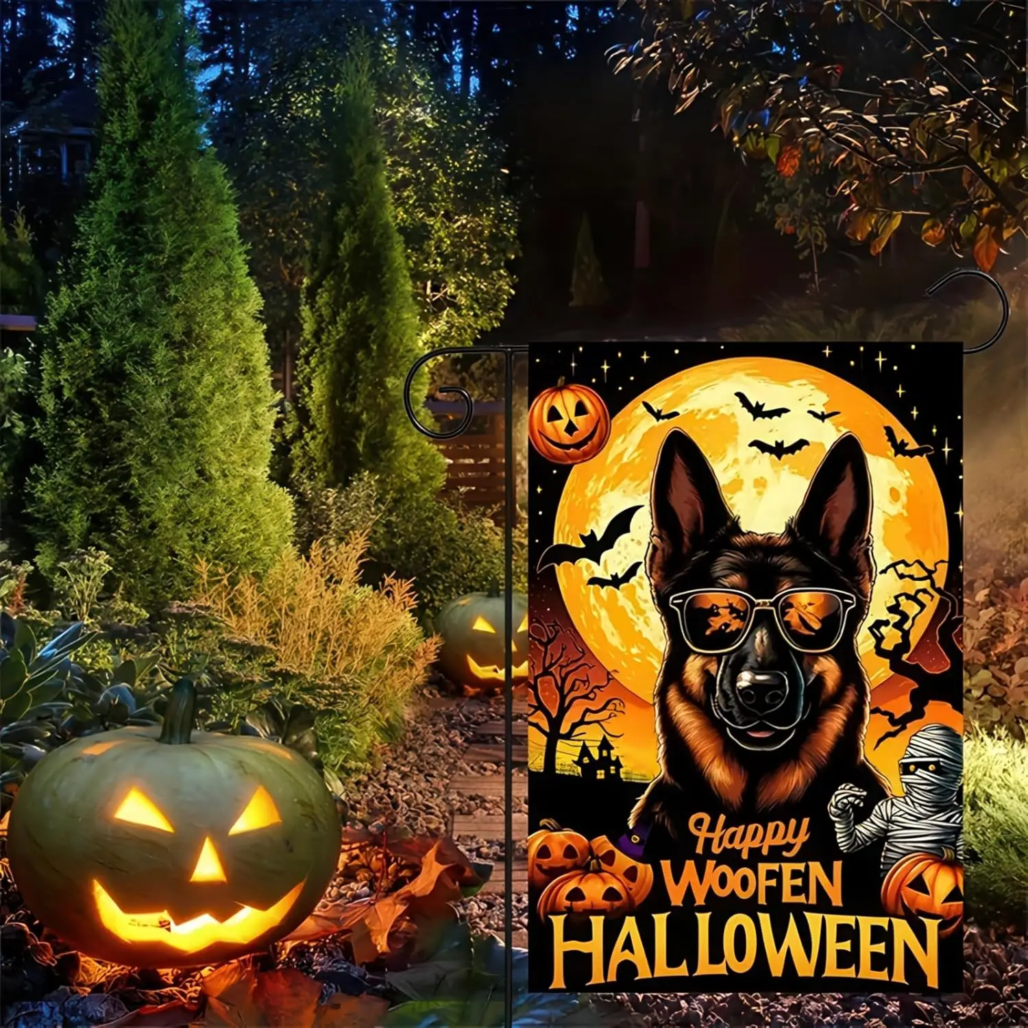 Halloween Garden Flag Double Sided 12x18 Flag Dog Flower Halloween Garden Flag German Shepherd With Sunglasses And Happy Woo AAO