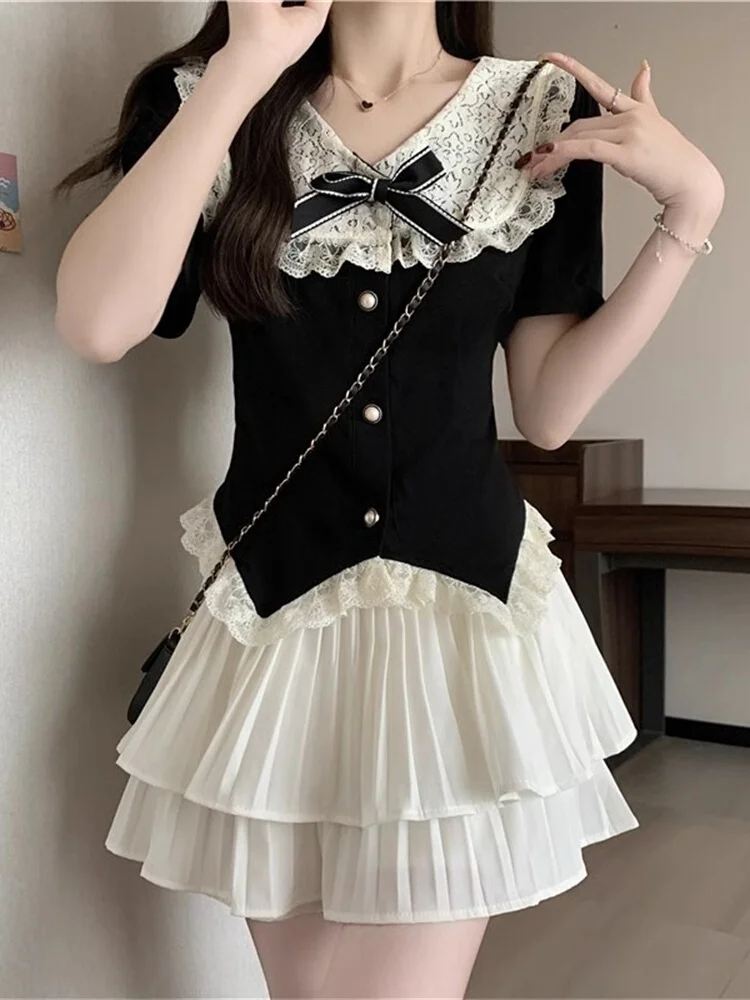 

Rich Girl Lace Doll Collar Top Short Skirt Set Two Piece Uniform School Uniform Anti Aging Cake Style Skirt Summer Outfit
