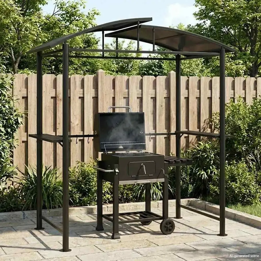 Anthracite Steel Outdoor Kitchen Gazebo with BBQ Grill and Side Shelves
