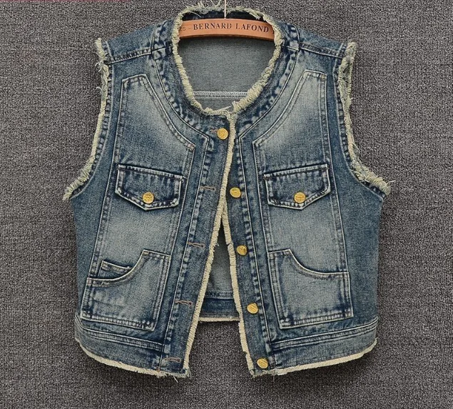 

Women's Autumn Clothes Vest Short Denim Small Camisole Shoulder with Frayed Edges Coat