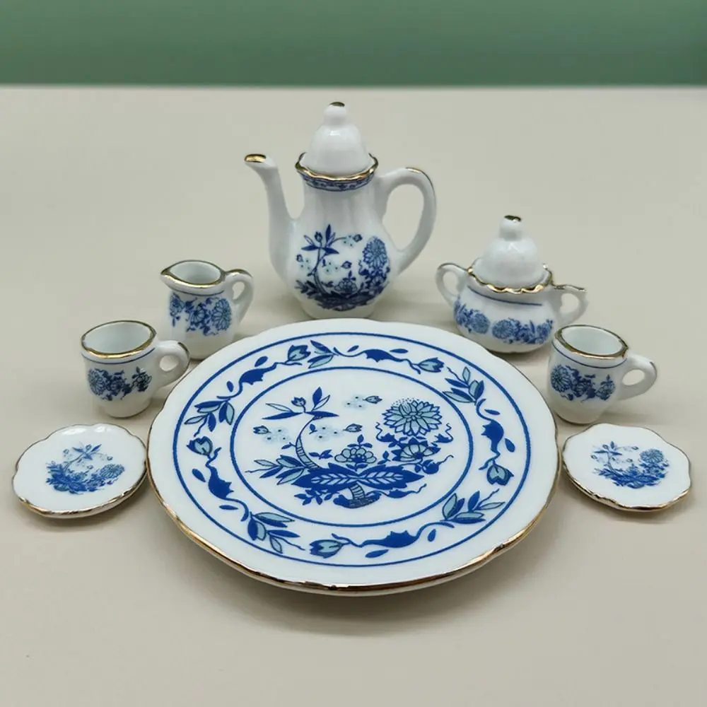

Floral Print Dollhouse Dinnerware Tableware Dish Plate Doll Porcelain Tea Set Pink Rose 1:12 Miniature Cups Pot Playing House