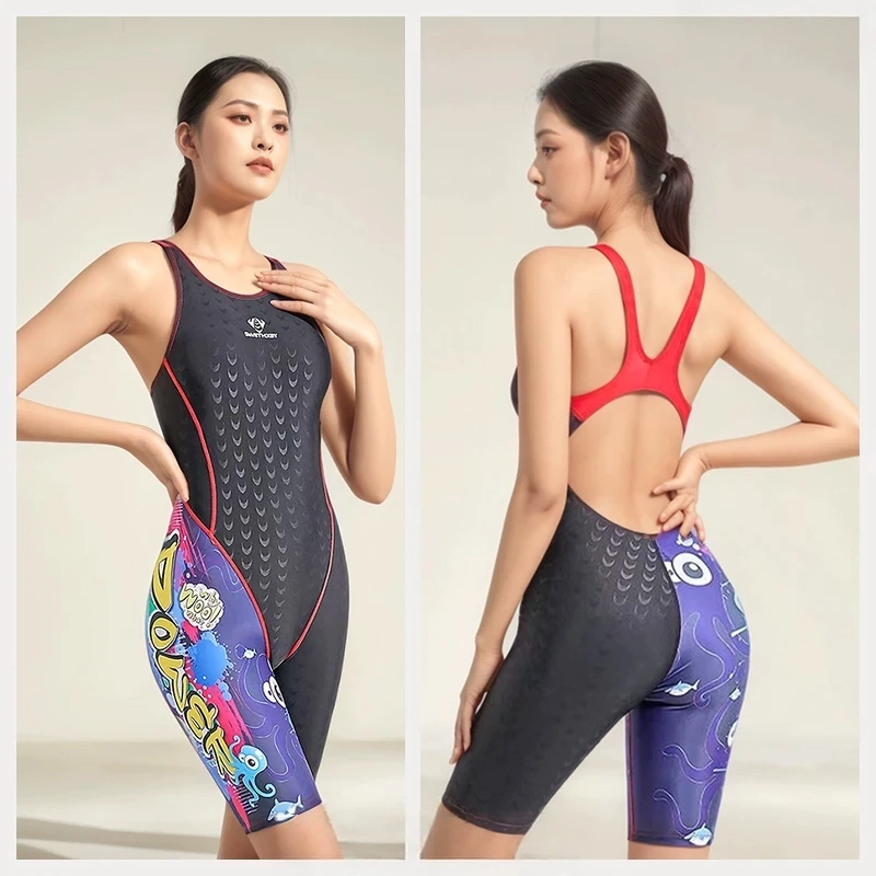 Women Professional Trainning Swimwear Competition Knee Length Waterproof Chlorine Resistant Female Sharkskin Swimsuit