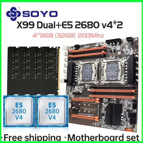SOYO X99 Kit de placa base para juegos de CPU Dual intel Xeon E5 2680 V4 * 2 y DDR4 32GB (4*8GB) LGA2011-3 M.2 NVME para computadora de escritorio Host