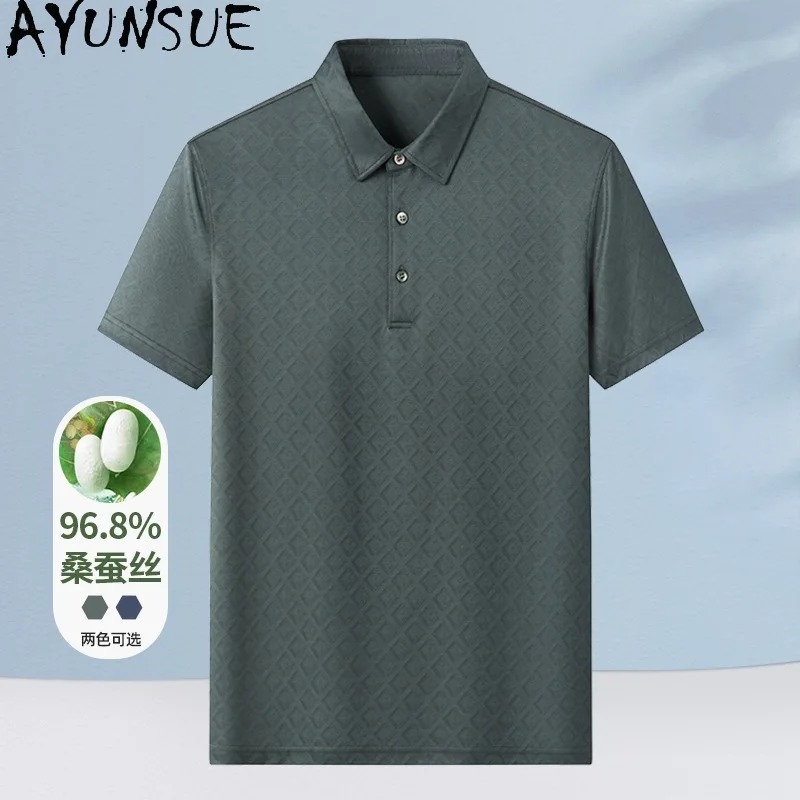 AYUNSUE High-end 96.8% Real Mulberry Silk Polo Shirts for Men Summer Fashion Lapel Short Sleeve Shirt Tops Man Polo Shirts 2026