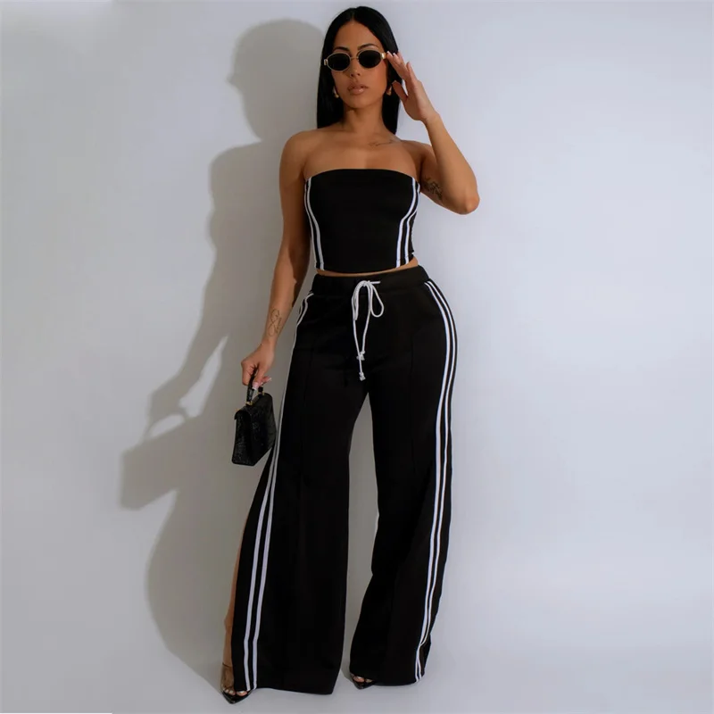 Sexy Women Stripe Two Piece Sets Strapless Skinny Slim Crop Top and High Waist Side Split Flare Pants Casual Outfits Tracksuits