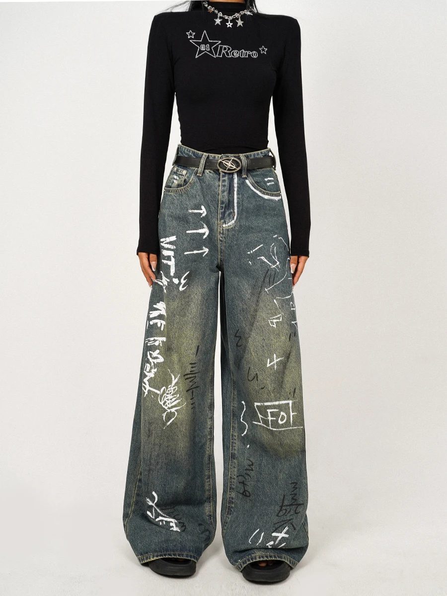 

Джинсы Nico Molly Graffiti Y2K Spicy Girl, винтажные, женские, весенние, свободные, широкие, в пол, с высокой талией, длинные брюки