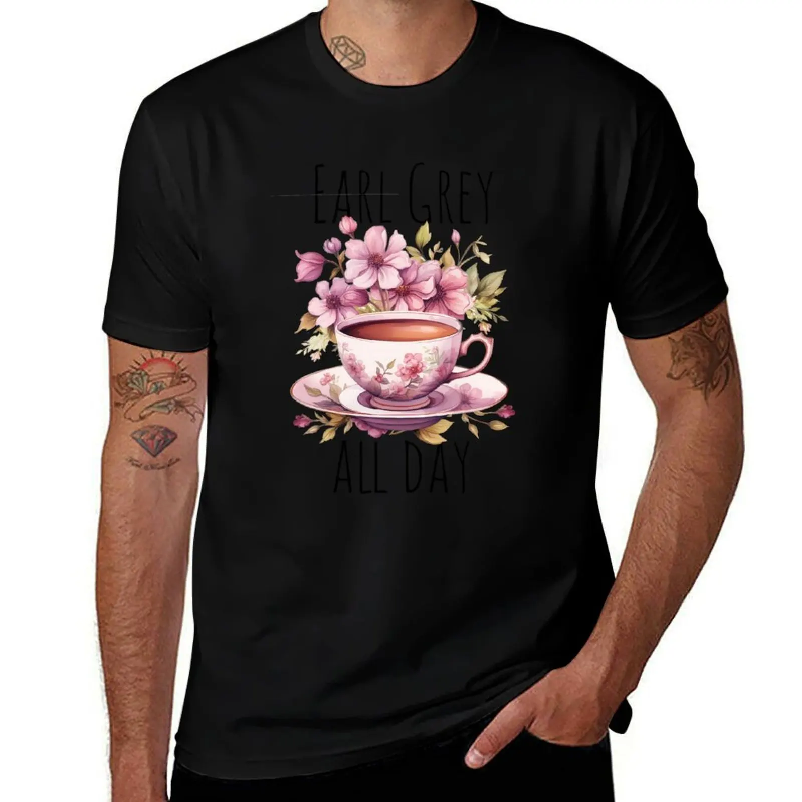 

Earl Grey Tea all day Aesthetic pink Watercolor Drawing Flowers T-Shirt custom t shirt Luxury man croswit shirt man men tshirt
