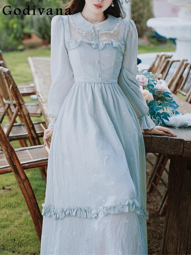 

Autumn New French Sweet Peter Pan Collar Elegant Lace Fairy Dress Fashion High Waist Versatile Age Reducing Princess Dresses