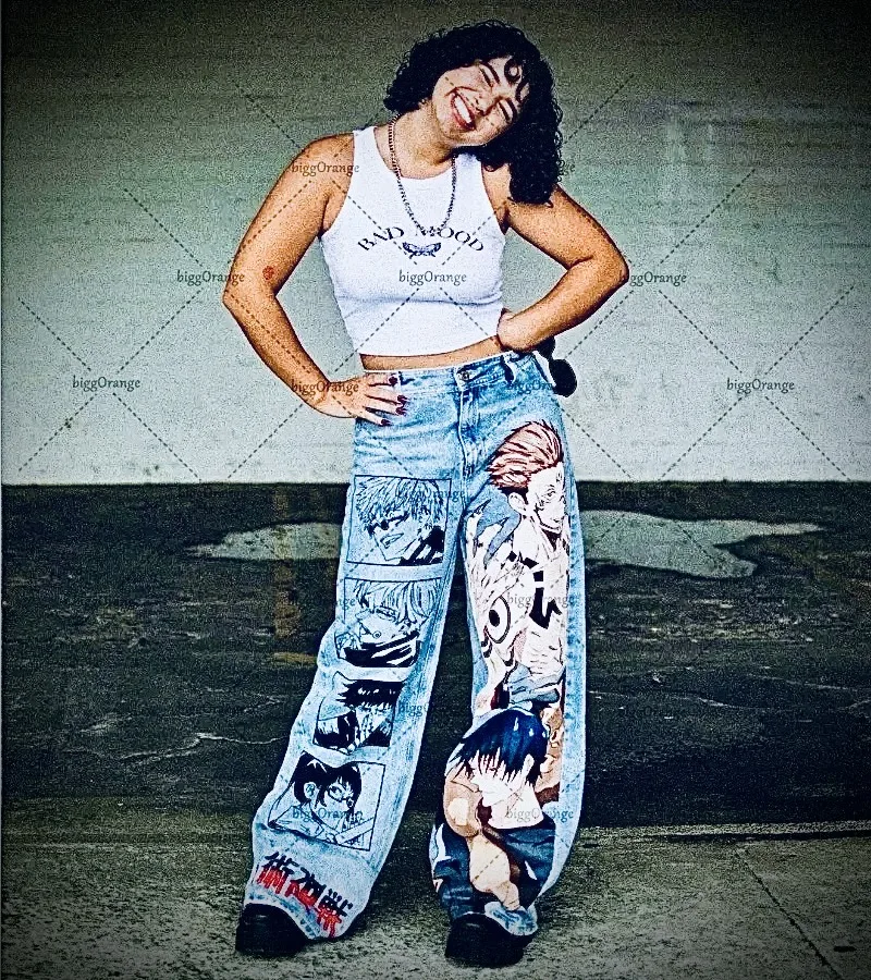 

Hip Hop Y2K baggy jeans Anime print pattern Vintage Streetwear fashion Harajuku men women high waisted Casual wide leg jeans