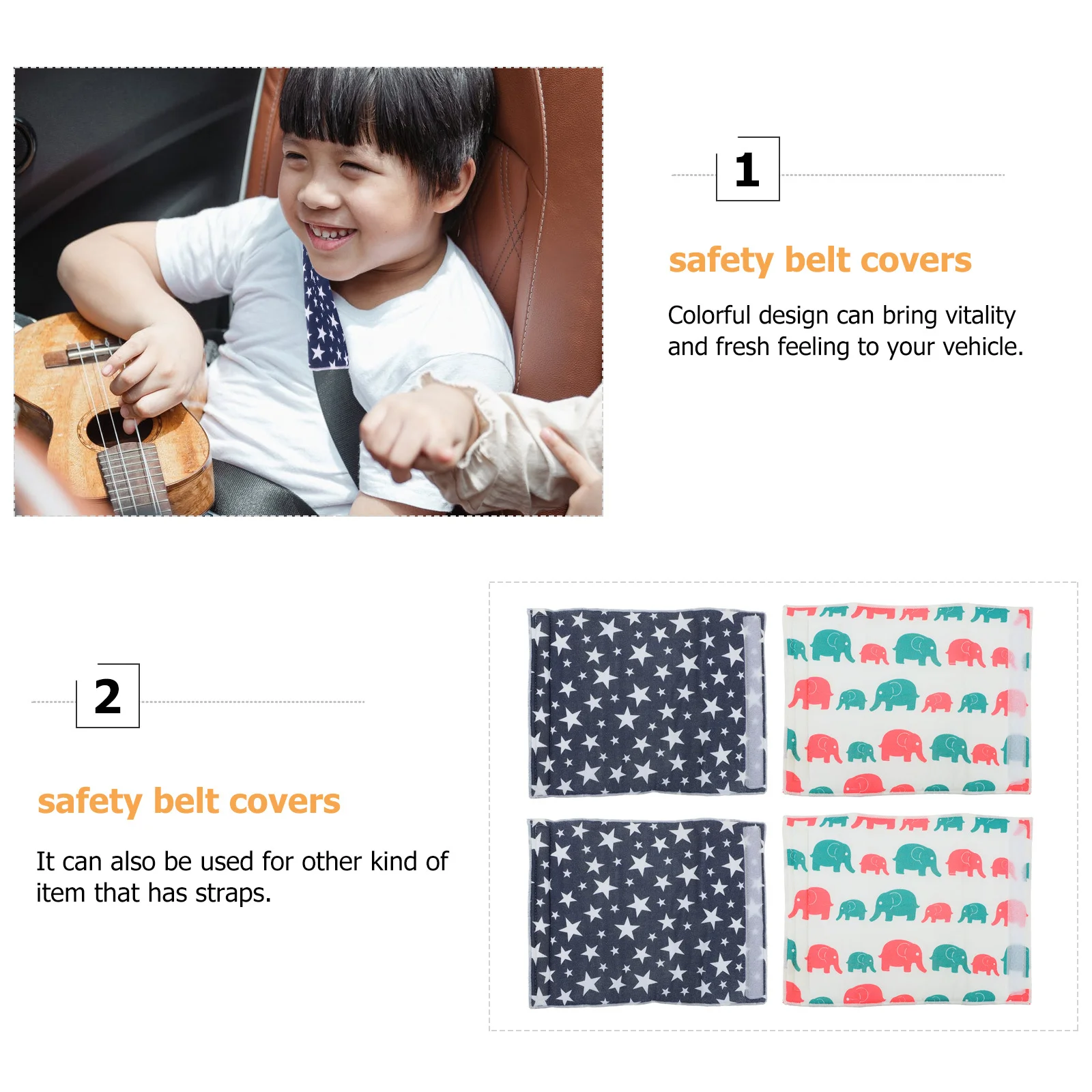 ชุดสายรัดนิรภัยสำหรับเด็ก 2 ชุด ดีไซน์สร้างสรรค์หลากสีสัน แผ่นรองไหล่สำหรับรถยนต์ สายรัดป้องกัน อุปกรณ์เสริมในรถยนต์ แผ่นรองกันกระแทก