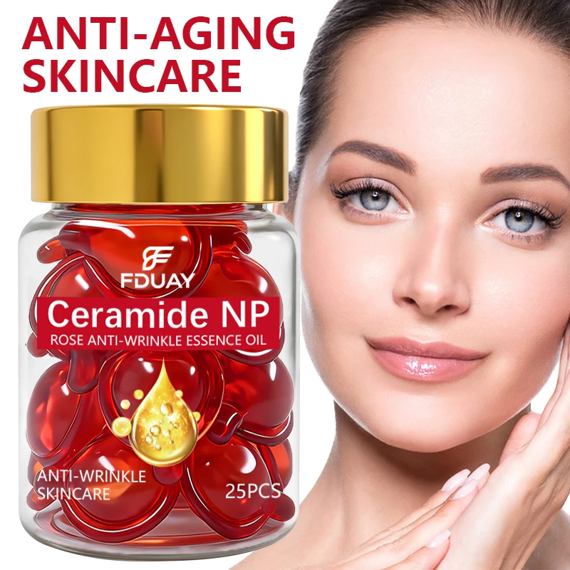 Ceramide NP Rose Face Oil Capsules, Anti-Wrinkle Serum, Moisturizing and Repairing Barrier for Nourished Skin,