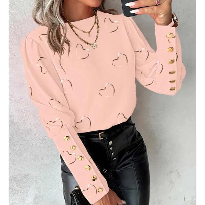 Fashion Printed Long Sleeved Round Neck Button Shirt For Women Spring Elegant Office Lady Pullover Blouse Tops Blusas De Mujer