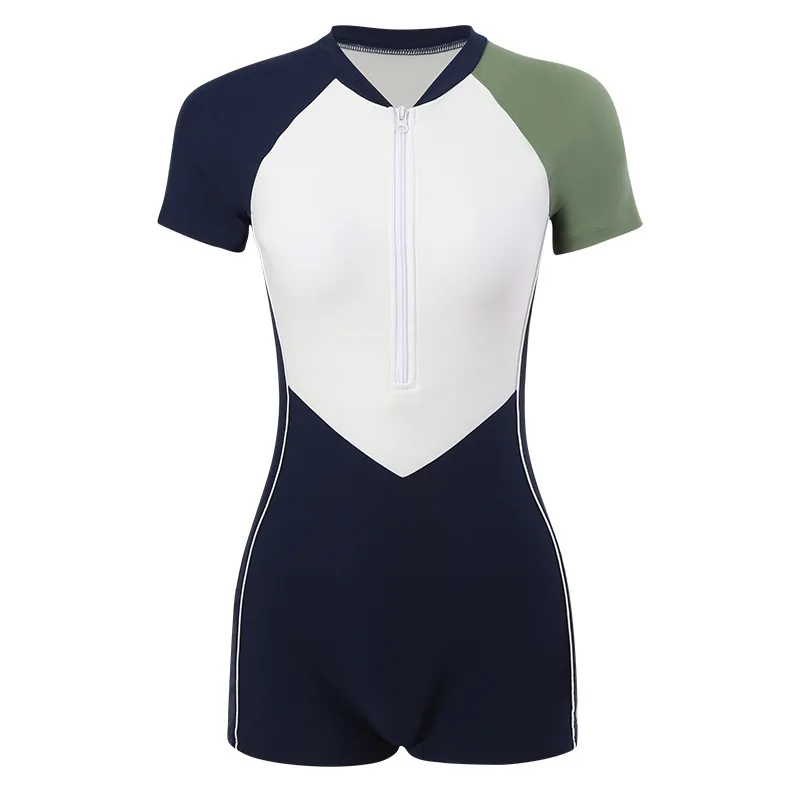 New student flat-angle sports one-piece swimsuit women's hot spring short-sleeved conservative senior and thin swimsuit