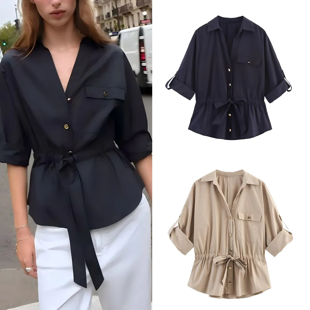 

Women's New Fashion With Belt Casual Single breasted Poplin Shirt Retro Short sleeved Women's Shirt chic Top