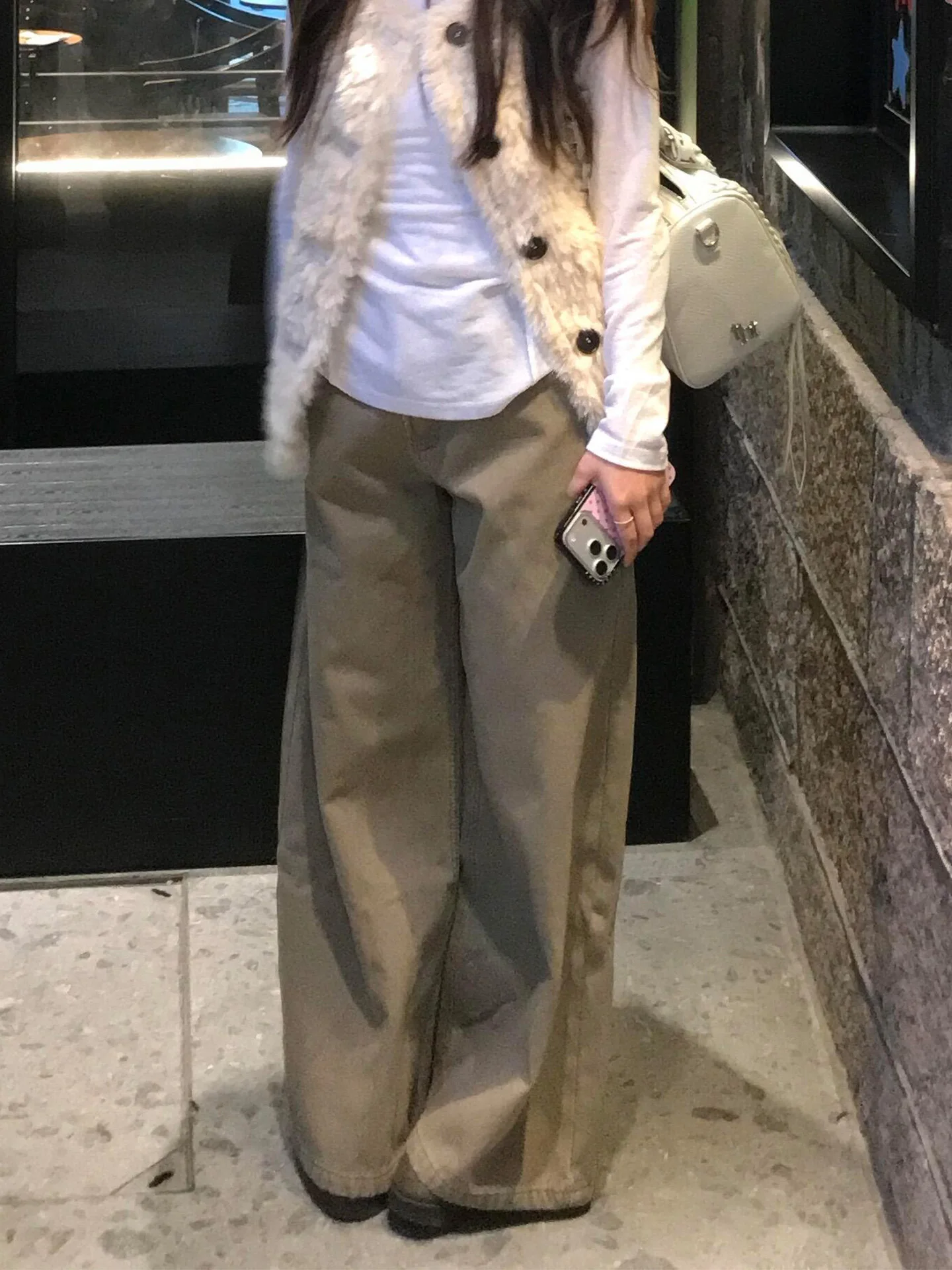 

Джинсовые широкие брюки цвета хаки с высокой талией на подкладке, женские свободные повседневные брюки прямого кроя, зимние новые брюки длиной до пола