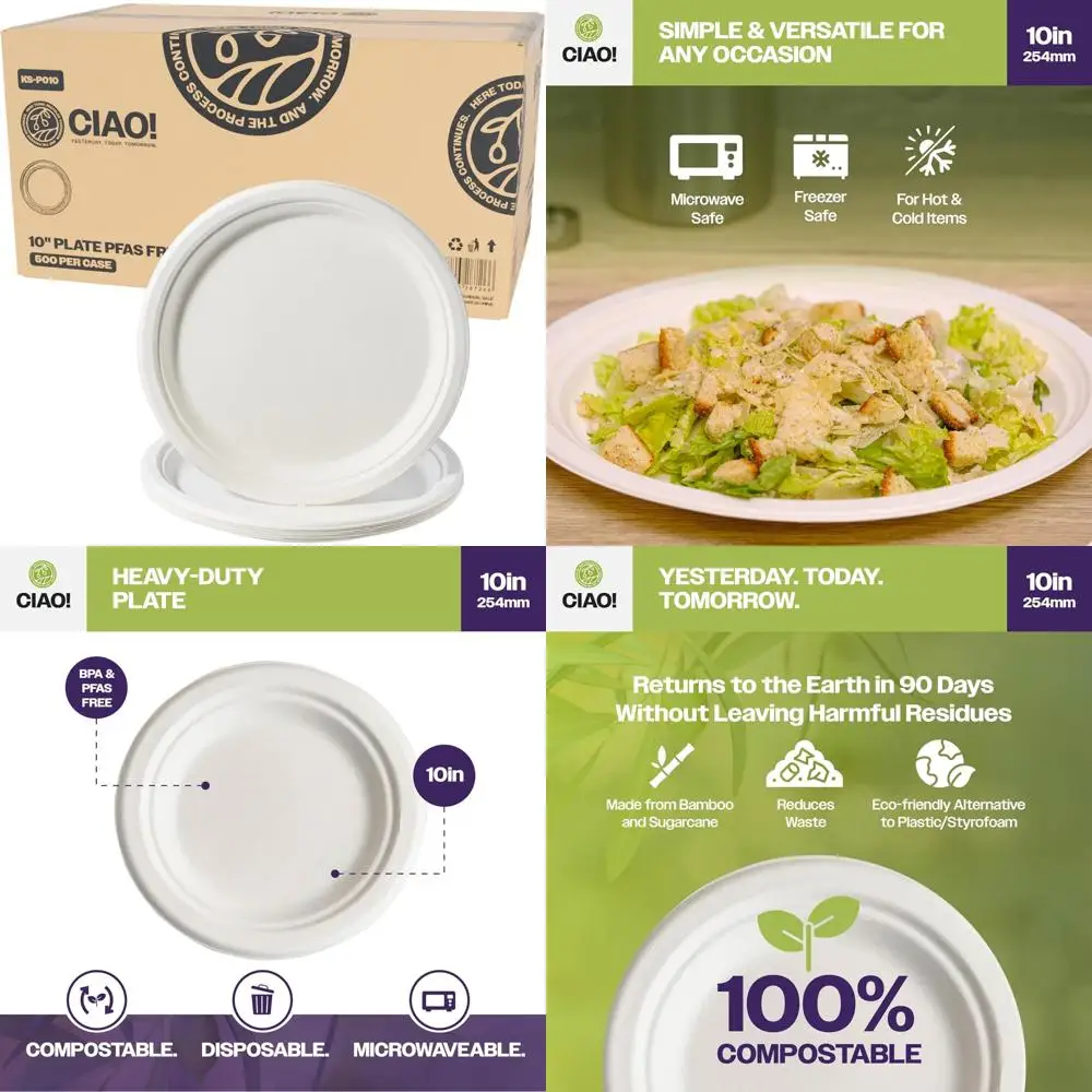 

Heavy Duty Compostable Bagasse Plates PFAS-Free Unbleached Natural White Bulk Pack of 500