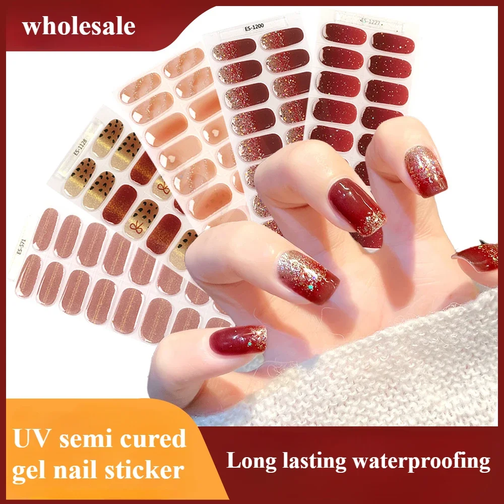 20Tips French Gel Nail Strips Patch Sliders Adhesive Waterproof Long Lasting Full Cover Gel Nail Stcikers UV Lamp Need