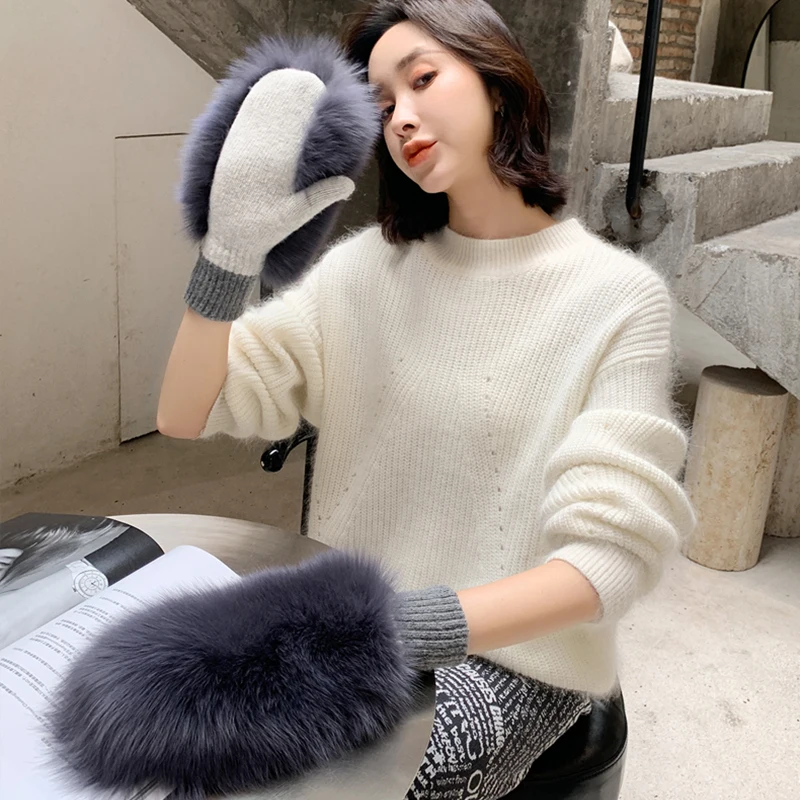 2024 New Women Winter Luxury Real Fox Fur Gloves Wool Knitting Mitten Girls Ski Gloves Warm Fur Mittens Russian Lady Wrist Glove