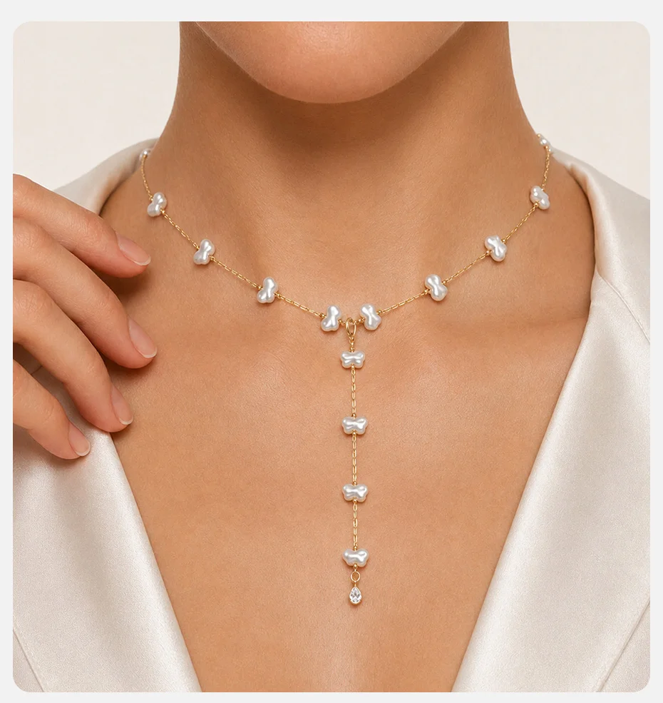 Vnox Niedliche Schmetterlings-Imitationsperlen-Y-förmige Halskette für Frauen, 18K vergoldet, Tropfenanhänger, Schlüsselbein-Halskette, Street-Schmuck – Detail 2