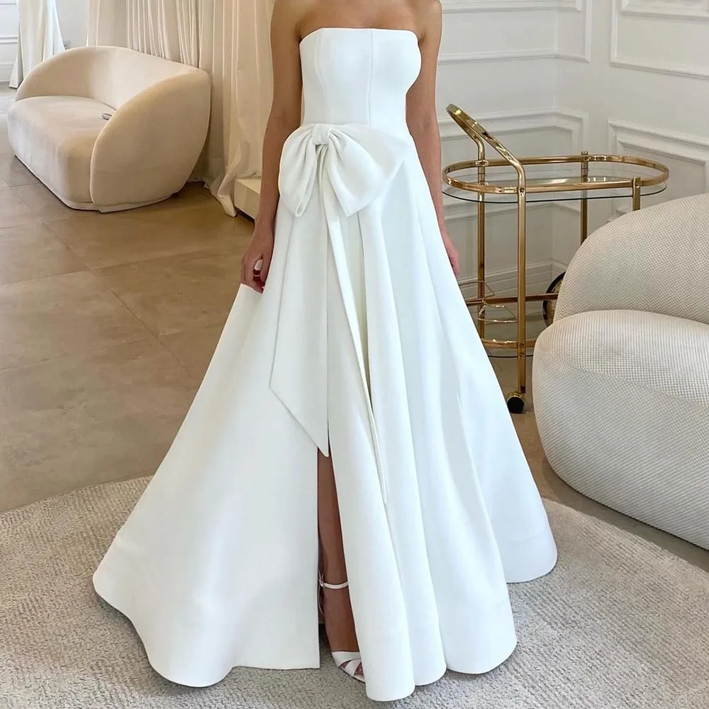 Robe de mariée élégante sans bretelles pour femmes, robe trapèze, robes longues éducatives, fente au sol, nœud plissé, traîne de balayage, occasion formelle